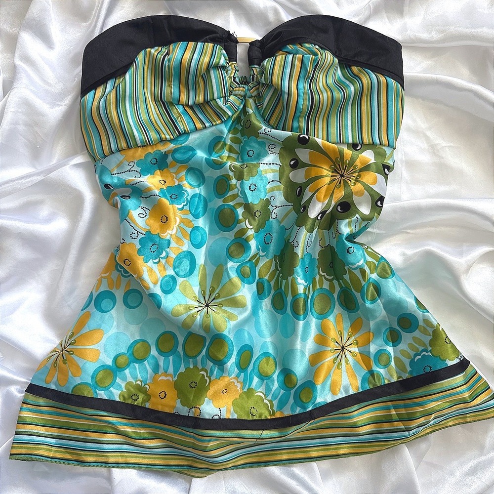 Miss Bisou Y2K Strapless Floral Satin Tube Top Blue Green Yellow Medium